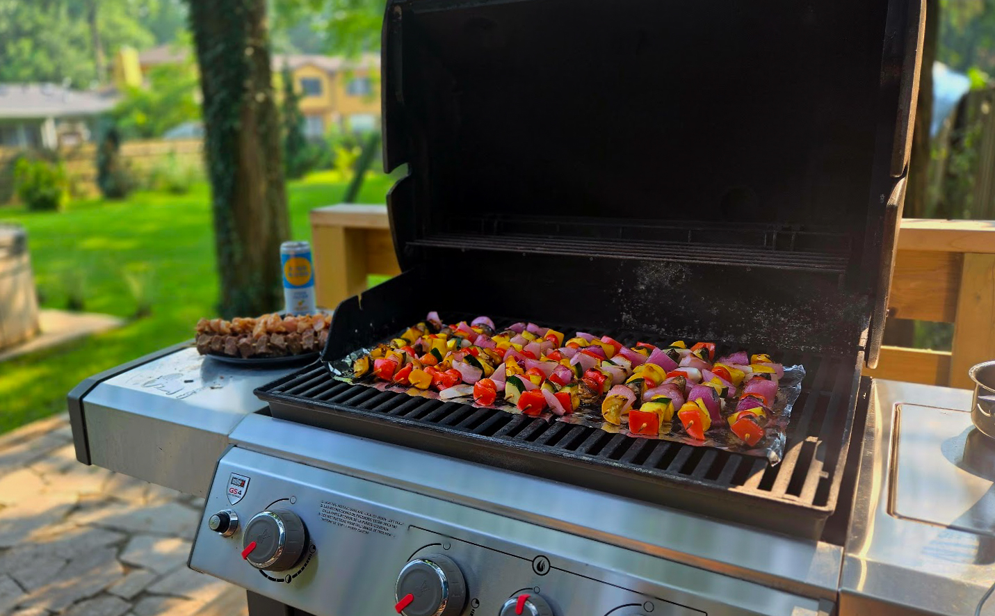 Grilling kabobs on the deck